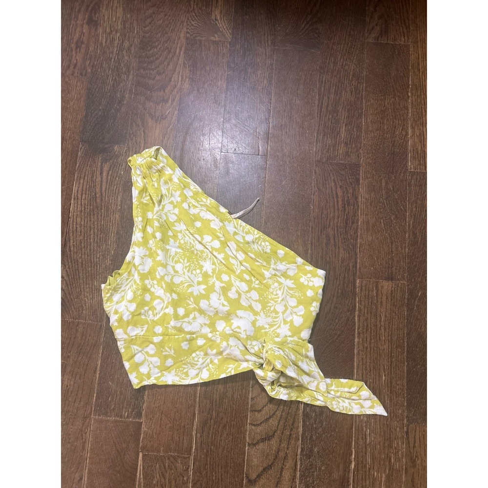 Free People One‎ Shoulder  Crop Tank Top Yellow Floral Spring Size M